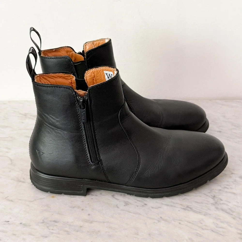 Xena Omega Steel‎ Toe Work Boots 9 Wide Black Leather Side Zip Chelsea Utility